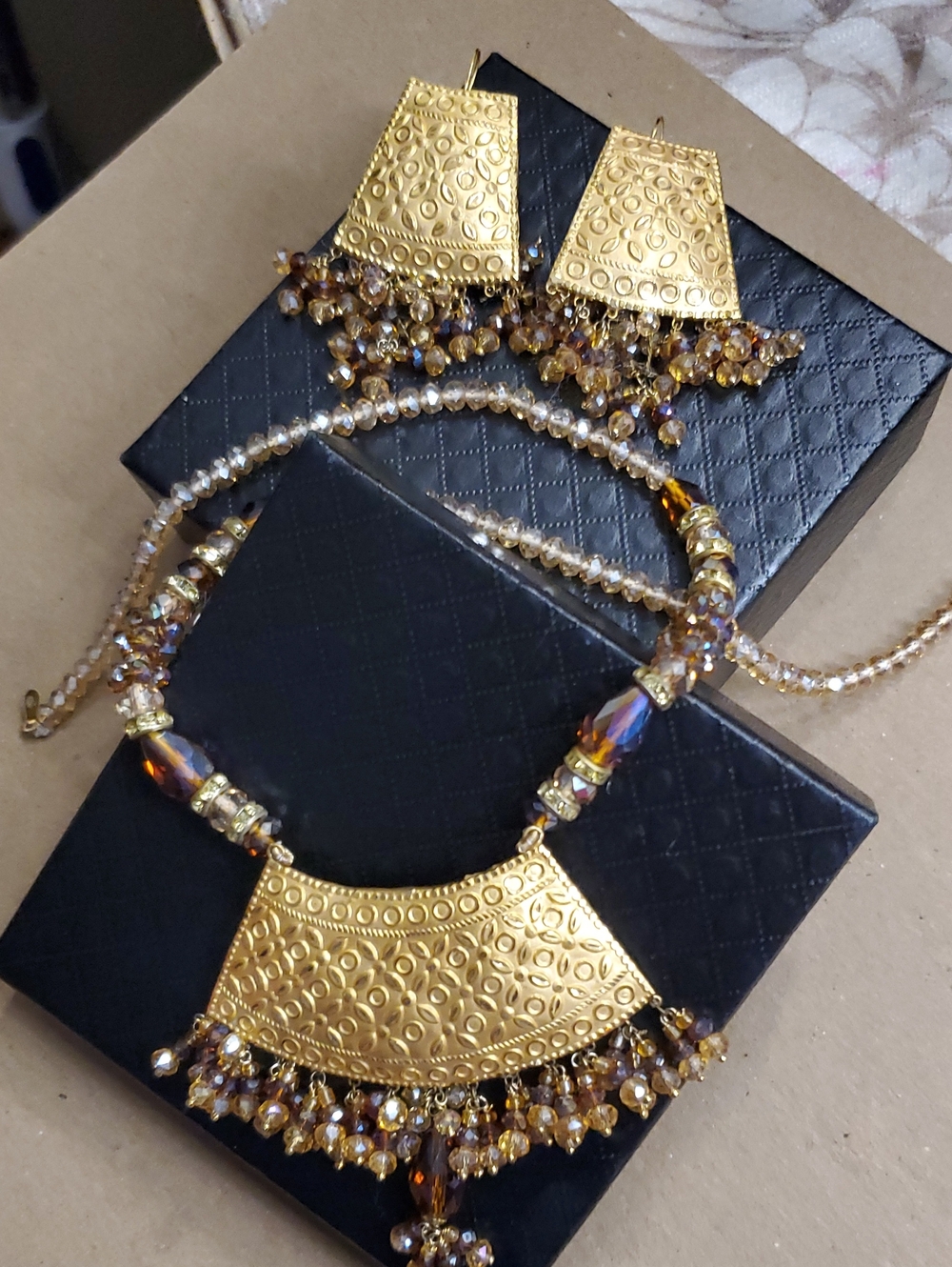 22k pure Indian Pakistani Solid Gold Amber Beaded  Necklace & Earrings Set